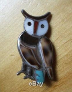 VTG Navajo Zuni Pin Turquoise Silver Cowrie Inlaid Owl Fetish Velma Lesansee