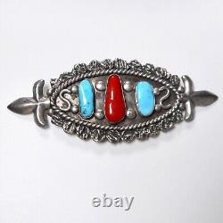 VTG Old Pawn Navajo Turquoise Coral Pin Brooch Silver Metal Pinback Fleur de Lis