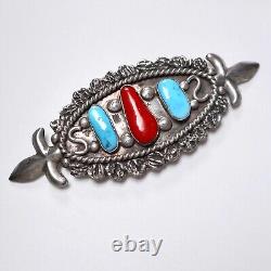 VTG Old Pawn Navajo Turquoise Coral Pin Brooch Silver Metal Pinback Fleur de Lis