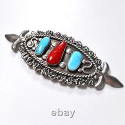 VTG Old Pawn Navajo Turquoise Coral Pin Brooch Silver Metal Pinback Fleur de Lis