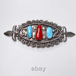 VTG Old Pawn Navajo Turquoise Coral Pin Brooch Silver Metal Pinback Fleur de Lis