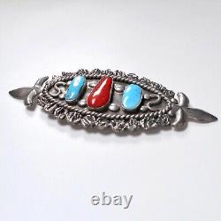 VTG Old Pawn Navajo Turquoise Coral Pin Brooch Silver Metal Pinback Fleur de Lis