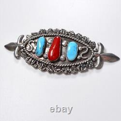 VTG Old Pawn Navajo Turquoise Coral Pin Brooch Silver Metal Pinback Fleur de Lis