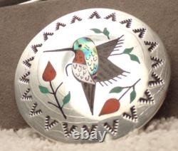 VTG R. BOYD STERLING SILVER ZUNI INDIAN RUBY THROAT HUMMINGBIRD INLAY PIN 1960s