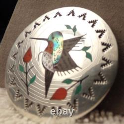 VTG R. BOYD STERLING SILVER ZUNI INDIAN RUBY THROAT HUMMINGBIRD INLAY PIN 1960s