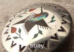VTG R. BOYD STERLING SILVER ZUNI INDIAN RUBY THROAT HUMMINGBIRD INLAY PIN 1960s