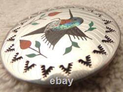 VTG R. BOYD STERLING SILVER ZUNI INDIAN RUBY THROAT HUMMINGBIRD INLAY PIN 1960s