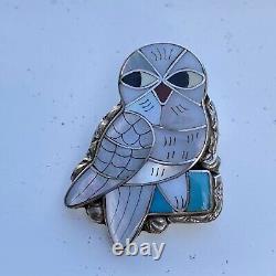 VTG Signed Southwestern Native American Zuni Porfilio Sheyka Inlaid Owl Brooch