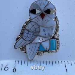 VTG Signed Southwestern Native American Zuni Porfilio Sheyka Inlaid Owl Brooch