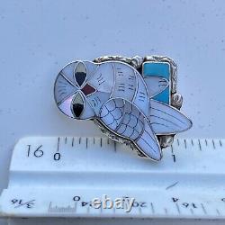 VTG Signed Southwestern Native American Zuni Porfilio Sheyka Inlaid Owl Brooch