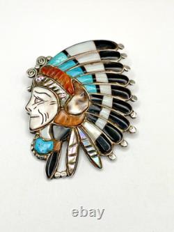 VTG Silver Multi Stone Inlay Pin Chief Headdress Turquoise MOP Zuni attr. Quam