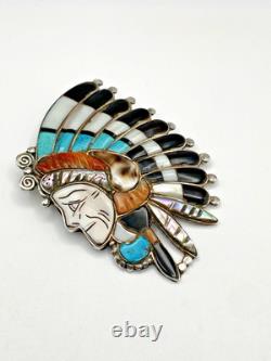 VTG Silver Multi Stone Inlay Pin Chief Headdress Turquoise MOP Zuni attr. Quam