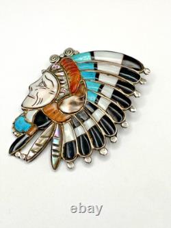 VTG Silver Multi Stone Inlay Pin Chief Headdress Turquoise MOP Zuni attr. Quam