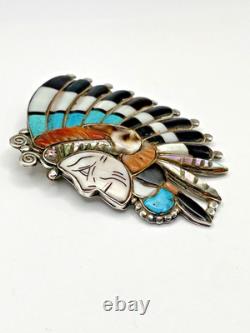 VTG Silver Multi Stone Inlay Pin Chief Headdress Turquoise MOP Zuni attr. Quam