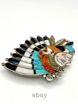 VTG Silver Multi Stone Inlay Pin Chief Headdress Turquoise MOP Zuni attr. Quam