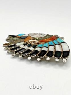 VTG Silver Multi Stone Inlay Pin Chief Headdress Turquoise MOP Zuni attr. Quam