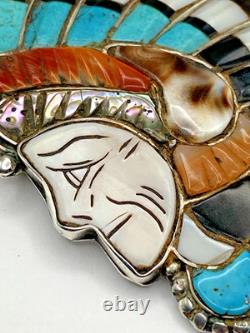 VTG Silver Multi Stone Inlay Pin Chief Headdress Turquoise MOP Zuni attr. Quam