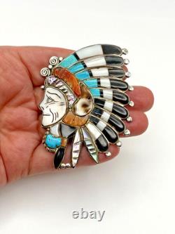VTG Silver Multi Stone Inlay Pin Chief Headdress Turquoise MOP Zuni attr. Quam