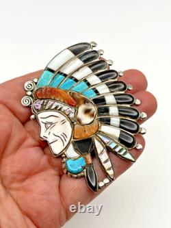 VTG Silver Multi Stone Inlay Pin Chief Headdress Turquoise MOP Zuni attr. Quam