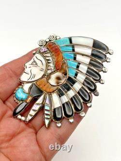 VTG Silver Multi Stone Inlay Pin Chief Headdress Turquoise MOP Zuni attr. Quam
