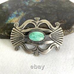 VTG Sterling Silver 925 2.5 Sandcast Navajo Stamped Kingman Turquoise Brooch