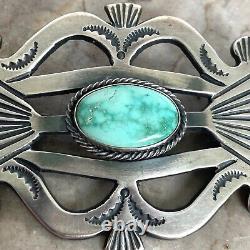 VTG Sterling Silver 925 2.5 Sandcast Navajo Stamped Kingman Turquoise Brooch