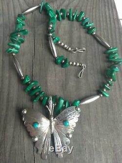 VTG Sterling Silver Navajo Turquoise Butterfly Pendant/Pin Malichite Necklace