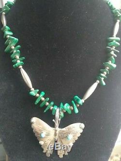 VTG Sterling Silver Navajo Turquoise Butterfly Pendant/Pin Malichite Necklace