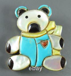 VTG ZUNI Sterling Silver TURQUOISE STONE INLAY Teddy Bear PENDANT BROOCH PIN RL