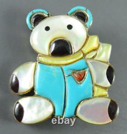 VTG ZUNI Sterling Silver TURQUOISE STONE INLAY Teddy Bear PENDANT BROOCH PIN RL