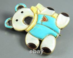 VTG ZUNI Sterling Silver TURQUOISE STONE INLAY Teddy Bear PENDANT BROOCH PIN RL