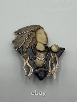 VTG Zealandia Native American Face Carved Brooch Sterling Silver