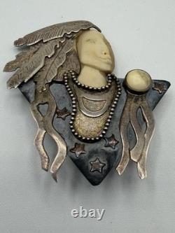 VTG Zealandia Native American Face Carved Brooch Sterling Silver