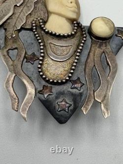 VTG Zealandia Native American Face Carved Brooch Sterling Silver