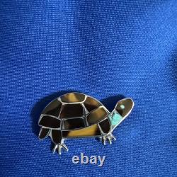 VTG Zuni Sterling Silver Turtle Pin Brooch Native American Mosaic Inlay Unsigned