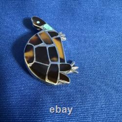VTG Zuni Sterling Silver Turtle Pin Brooch Native American Mosaic Inlay Unsigned