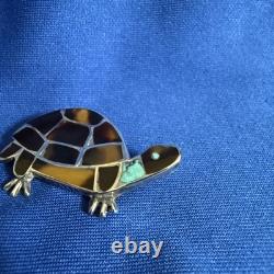 VTG Zuni Sterling Silver Turtle Pin Brooch Native American Mosaic Inlay Unsigned