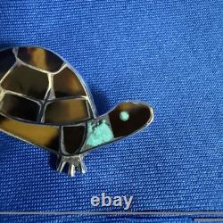VTG Zuni Sterling Silver Turtle Pin Brooch Native American Mosaic Inlay Unsigned