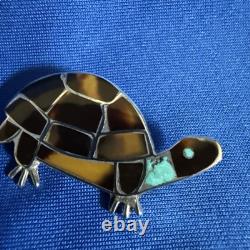 VTG Zuni Sterling Silver Turtle Pin Brooch Native American Mosaic Inlay Unsigned