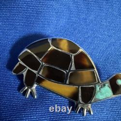 VTG Zuni Sterling Silver Turtle Pin Brooch Native American Mosaic Inlay Unsigned