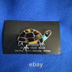 VTG Zuni Sterling Silver Turtle Pin Brooch Native American Mosaic Inlay Unsigned