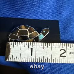 VTG Zuni Sterling Silver Turtle Pin Brooch Native American Mosaic Inlay Unsigned