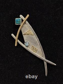 VTG sterling silver & mixed-metal brooch pendant, turquoise, opal, Native Amer