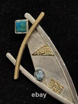 VTG sterling silver & mixed-metal brooch pendant, turquoise, opal, Native Amer