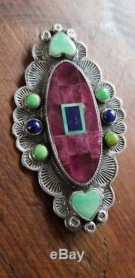 Valerie and Benny Aldrich Sterling silver Purple spiny green turquoise pin 2.5