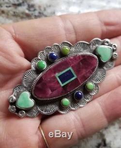 Valerie and Benny Aldrich Sterling silver Purple spiny green turquoise pin 2.5
