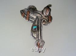 Very Old Navajo Sterling Silver Copper & Turquoise Horse Saddle Pin Brooch