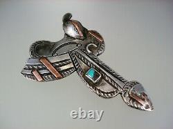 Very Old Navajo Sterling Silver Copper & Turquoise Horse Saddle Pin Brooch