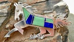 Vin NAVAJO ROBERT VANDOVER STERLING GREEN TURQUOISE & SODALITE HORSE PONY BROOCH