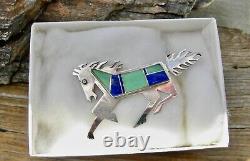 Vin NAVAJO ROBERT VANDOVER STERLING GREEN TURQUOISE & SODALITE HORSE PONY BROOCH